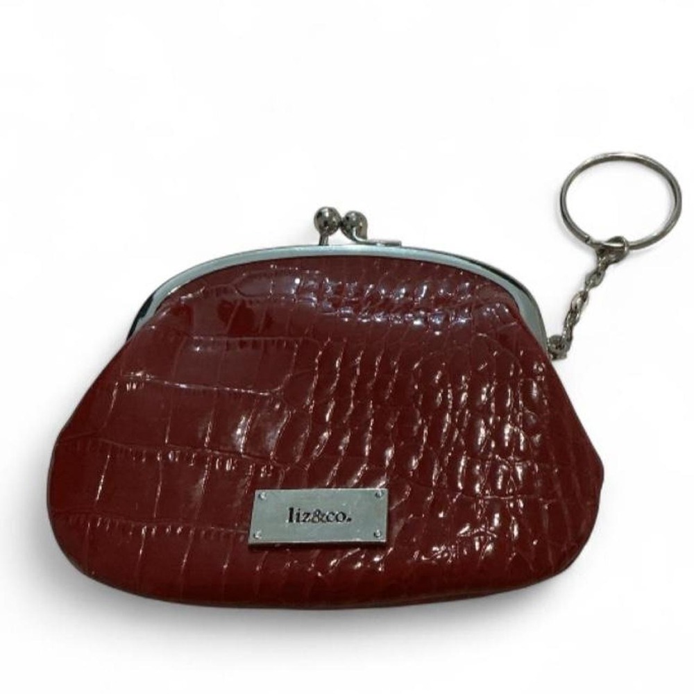 Liz & Co Coin Purse Womens Burgundy Red Excellent Faux Croc Kiss Lock Keychain